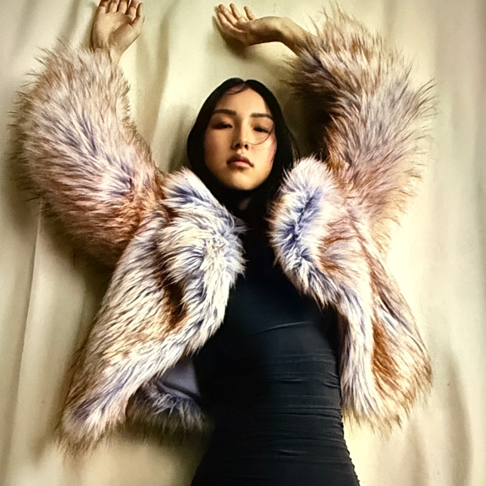 Unreal Fur Plush Teddy Jacket in Cream and Lavender (harmony) NWT